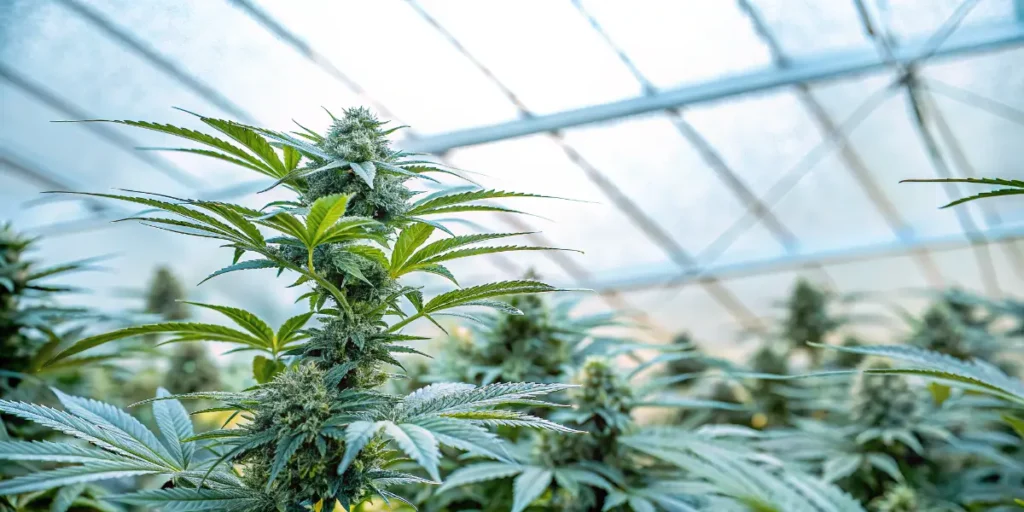 Healthy cannabis plants growing in a greenhouse with optimized airflow and ventilation systems.