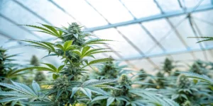 Healthy cannabis plants growing in a greenhouse with optimized airflow and ventilation systems.