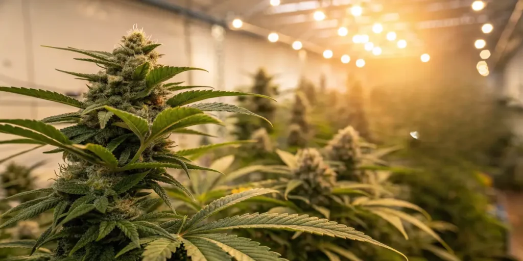 Flowering cannabis plants with mature buds growing under greenhouse lighting conditions.