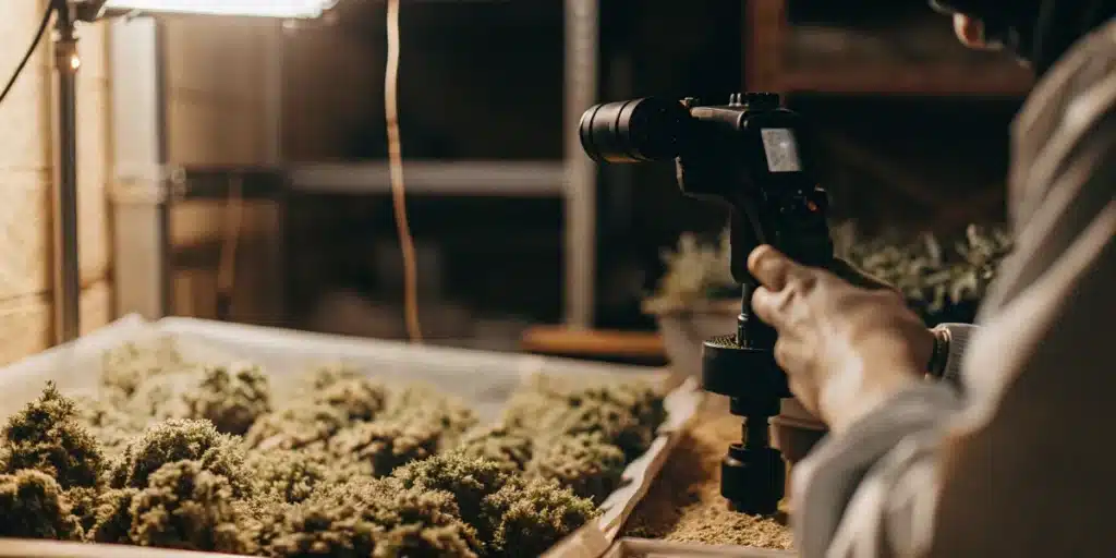 Handheld cannabis moisture analyzer measuring flower samples during quality control inspection.