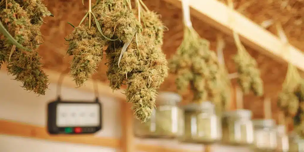 Cannabis branches hanging to dry in a controlled drying room with monitoring equipment and storage jars.