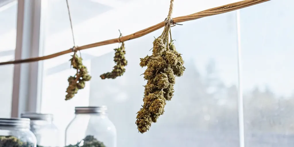 Cannabis buds hanging on a drying line near storage jars in a controlled post-harvest environment.