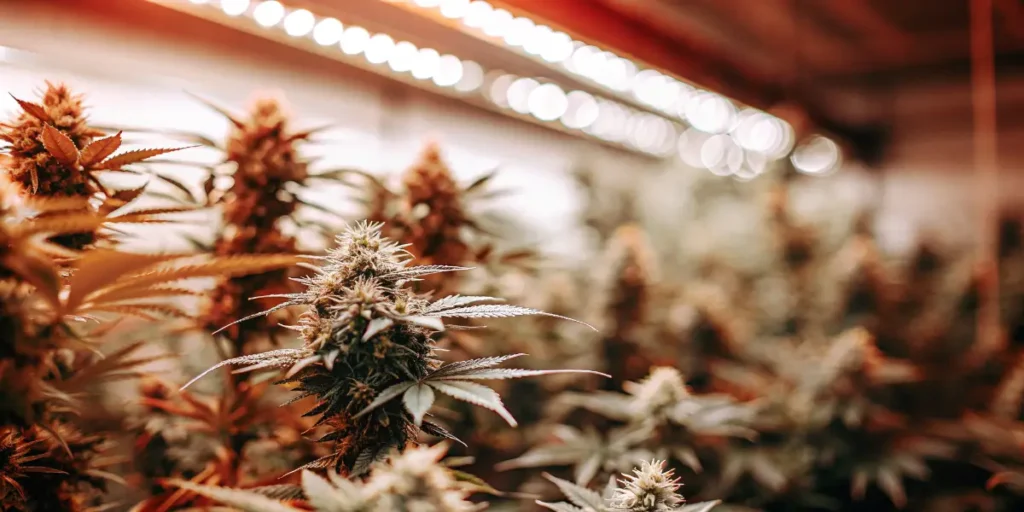 High terpene cannabis strains flowering indoors under LED lights with dense aromatic buds.
