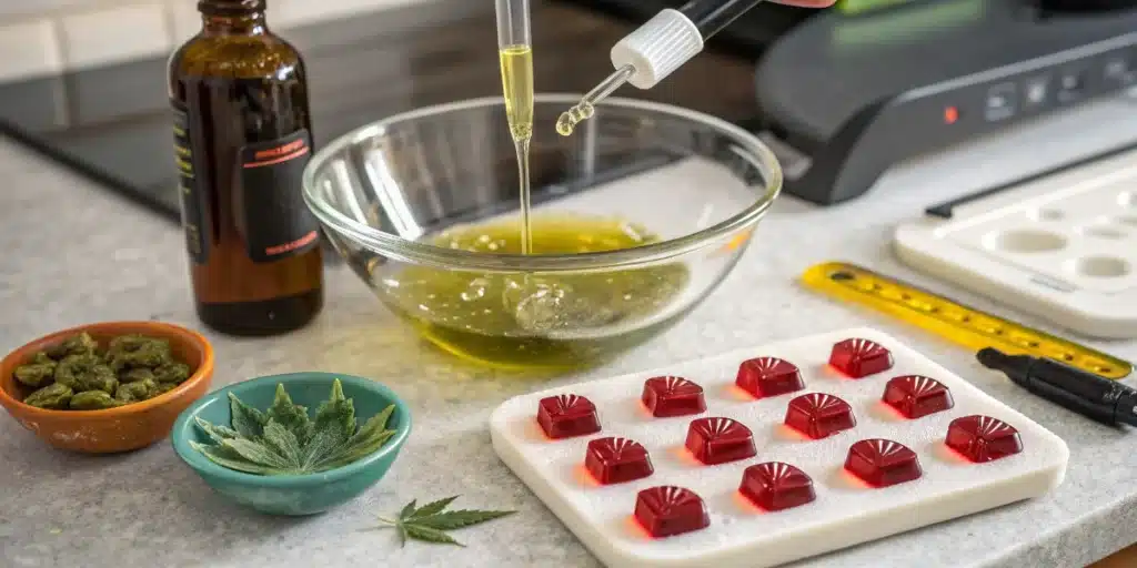 Preparing homemade THC gummies with cannabis-infused oil, droppers, and silicone candy molds.
