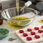 Preparing homemade THC gummies with cannabis-infused oil, droppers, and silicone candy molds.