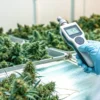 Laboratory technician measuring water activity levels of harvested cannabis flowers during quality control testing.