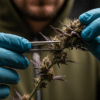 Indoor cannabis bud trichomes close-up with dense resin and white pistils