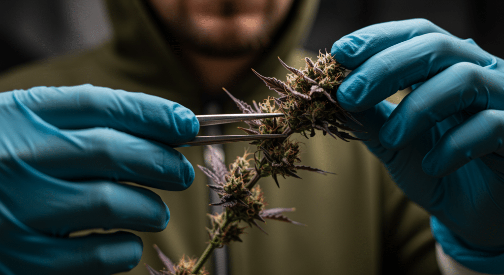 Indoor cannabis bud trichomes close-up with dense resin and white pistils