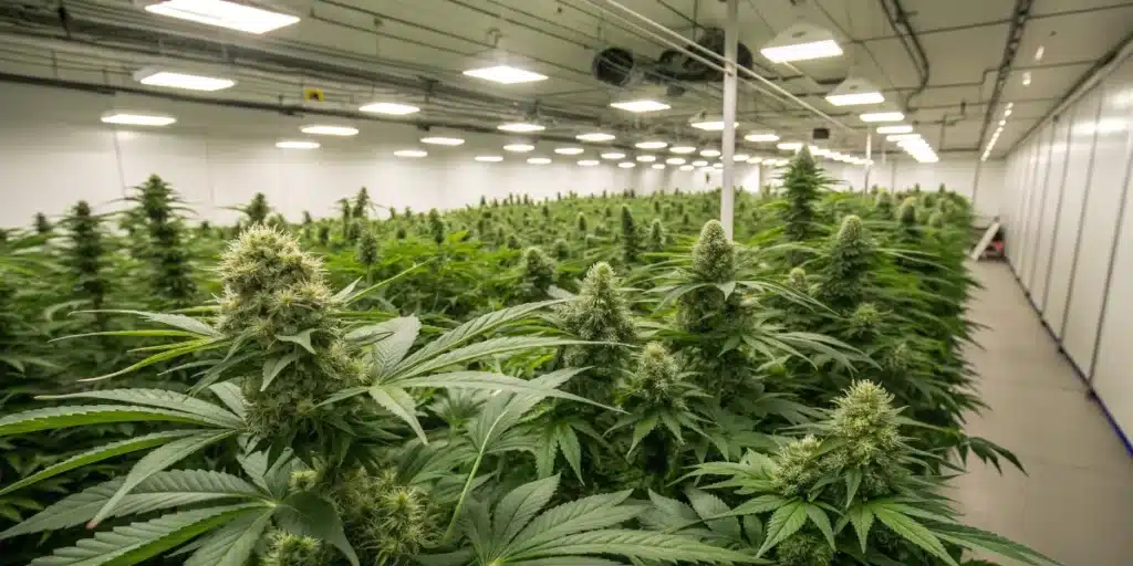 Dense cannabis canopy in the flowering stage inside a modern indoor cultivation facility.