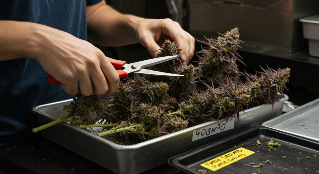 Indoor cannabis cola flowering stage with compact buds and frosty trichomes