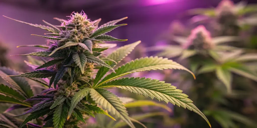 Mature cannabis flower with dense trichomes growing under purple spectrum LED lighting.