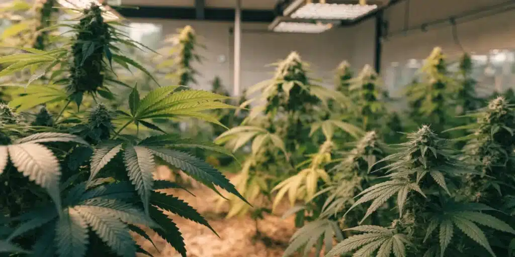 Healthy cannabis plants flowering inside a modern indoor grow room under artificial lighting.