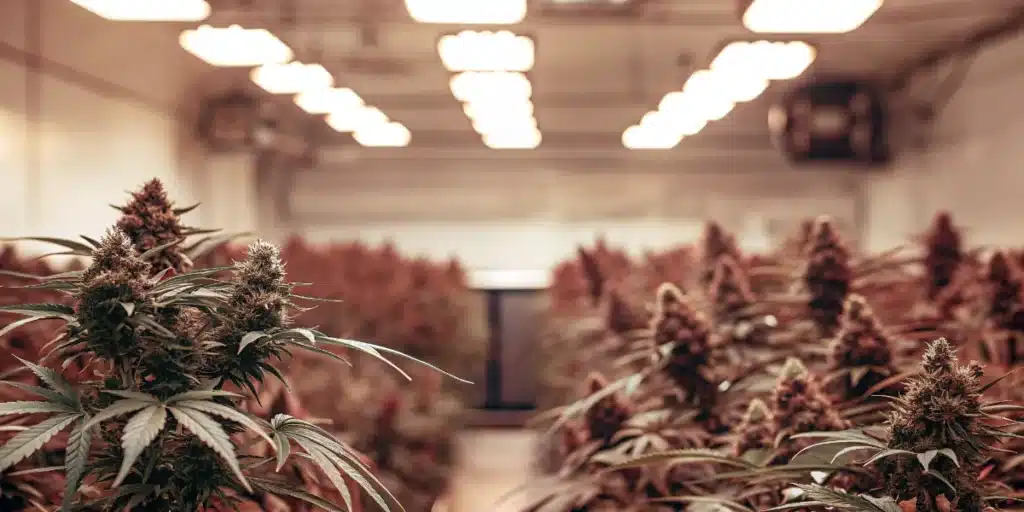 Mature cannabis plants flowering in a large indoor grow room under LED lighting.