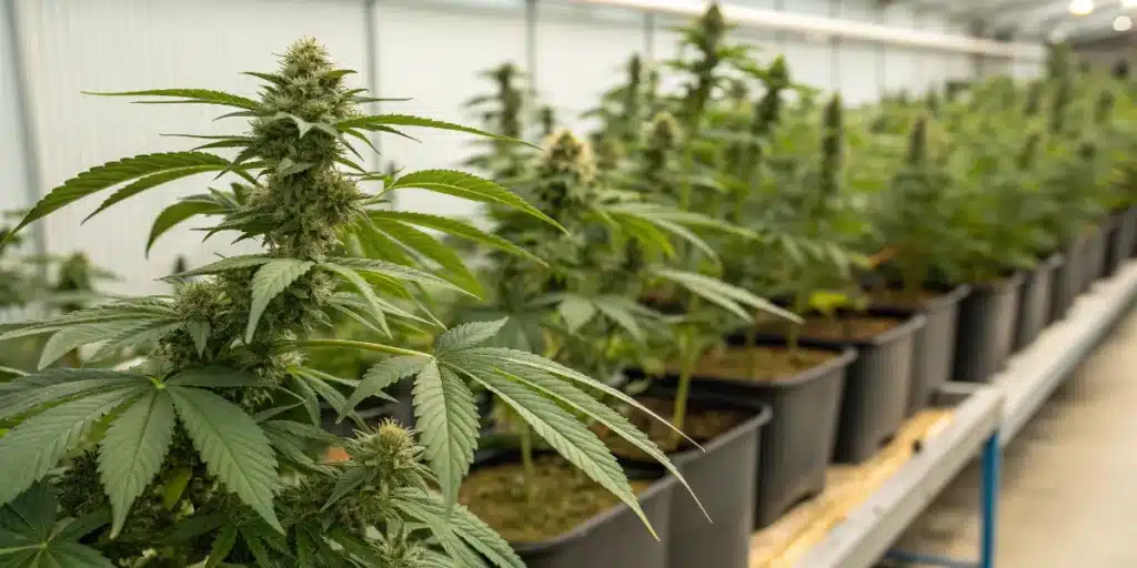 Mature cannabis plants flowering in containers inside a large indoor cultivation room.