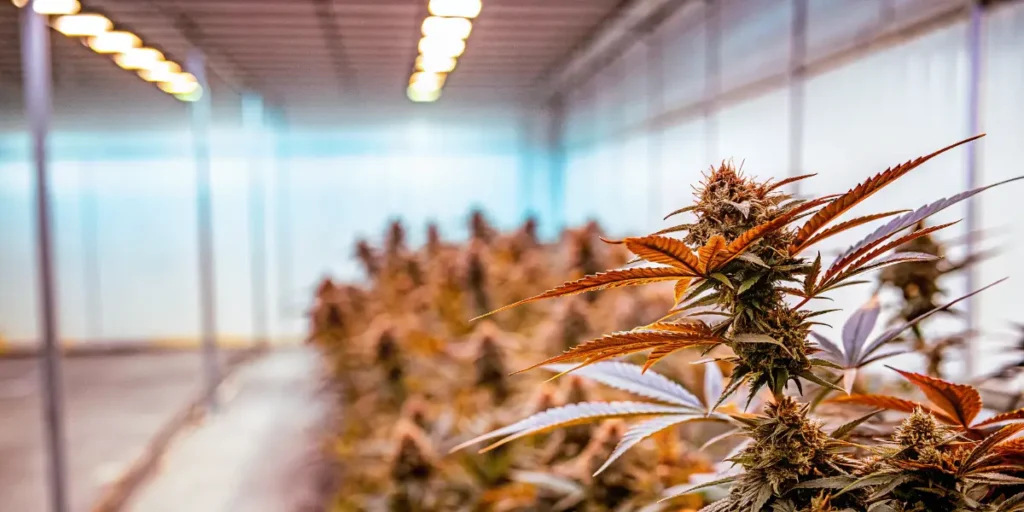 Flowering cannabis plants with colorful leaves growing in a ventilated indoor cultivation facility.