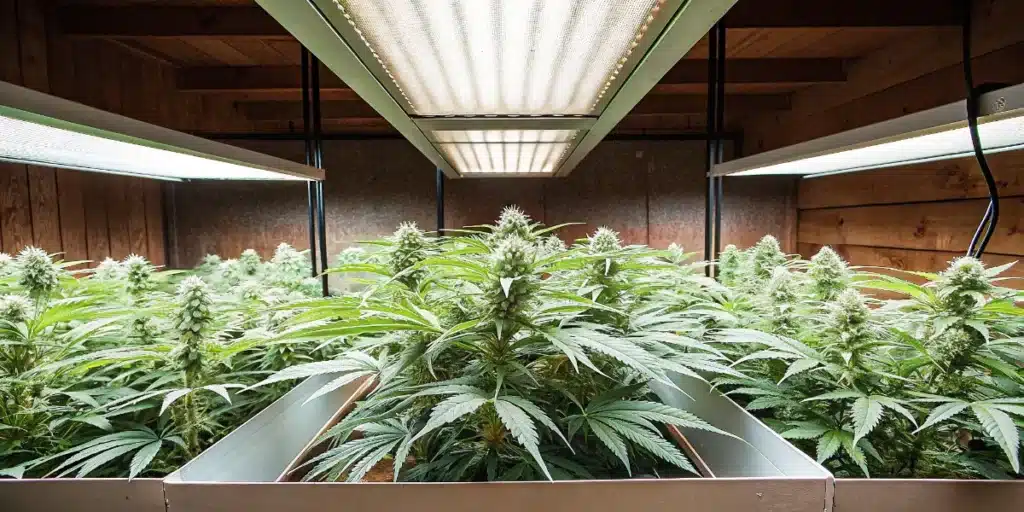 Indoor cannabis grow room with flowering plants under high-efficiency LED grow lights.