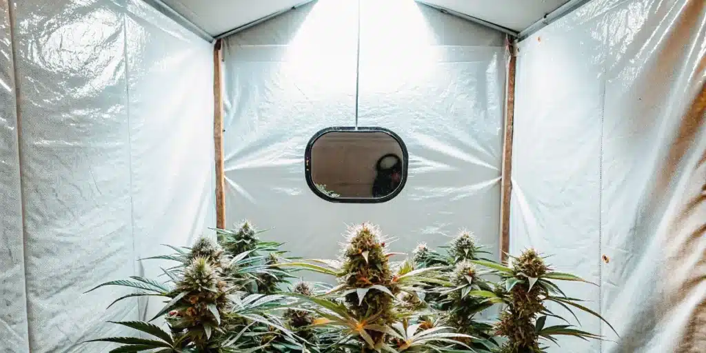 Indoor cannabis grow room with flowering plants cultivated under LED lighting in a reflective grow tent.