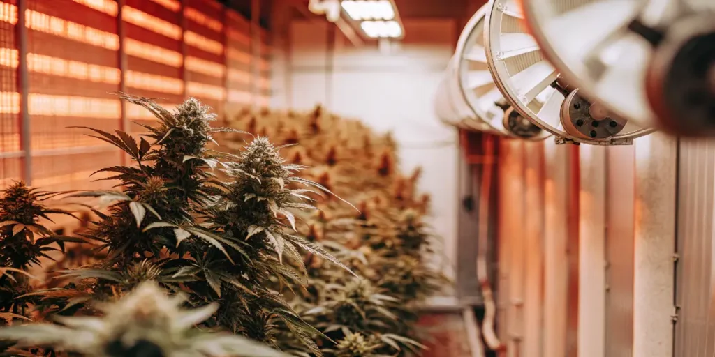 Indoor cannabis grow room with industrial ventilation system and flowering marijuana plants under controlled conditions.