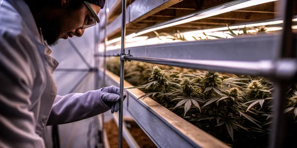 Researcher inspecting cannabis plants in a controlled indoor cultivation rack system.
