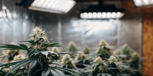 Indoor cannabis strains with dense frosty buds growing under LED lights in a controlled environment.