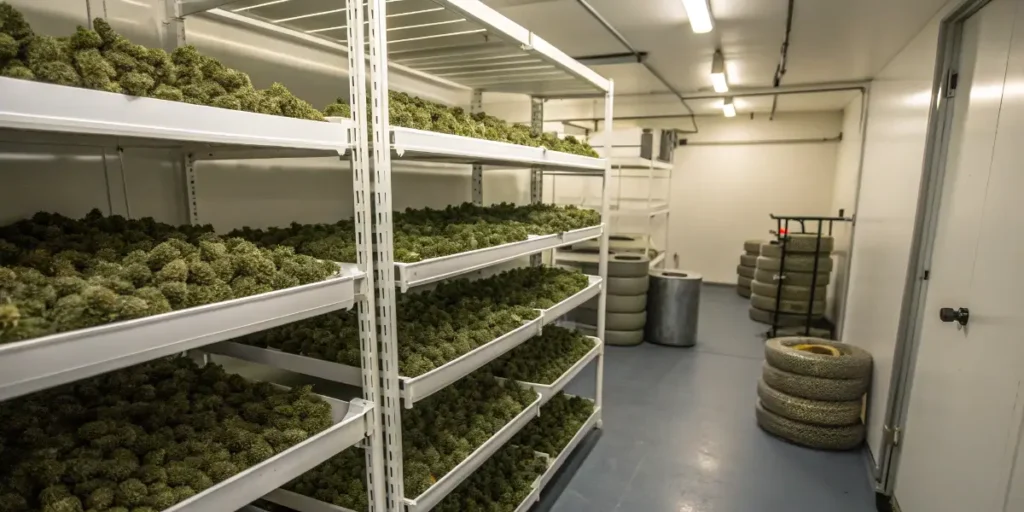 Industrial cannabis curing facility with trays of harvested buds arranged on storage racks.