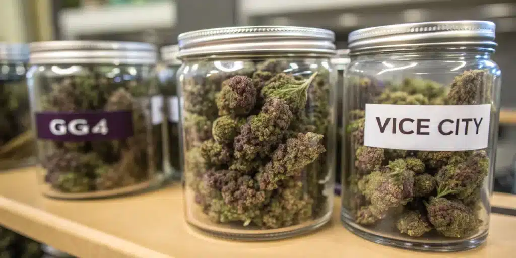 Labeled glass jars containing different cured cannabis strains organized for storage and identification.