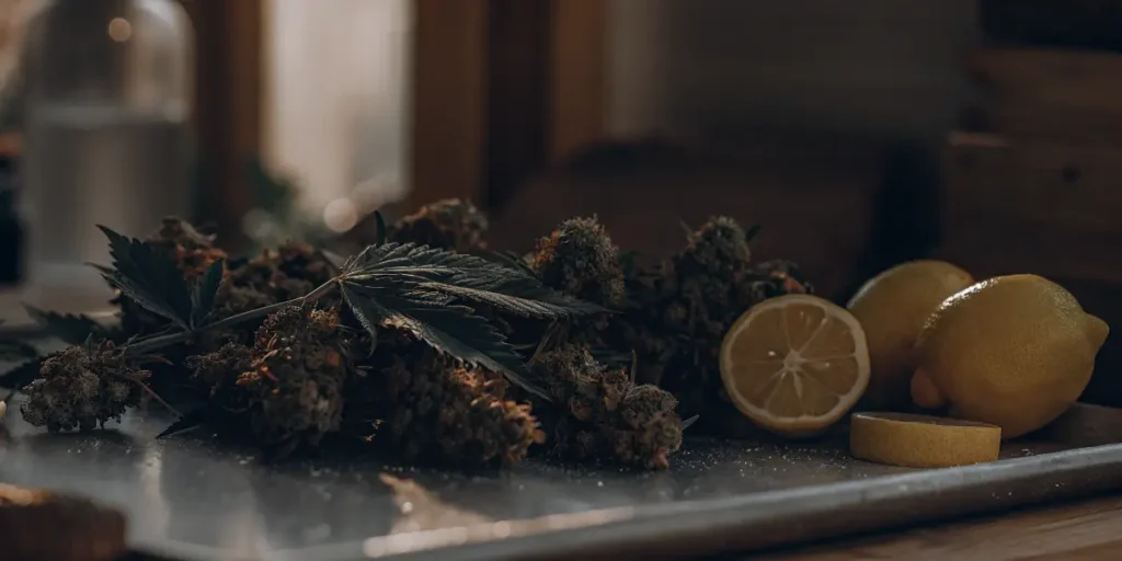 Limonene-rich cannabis buds displayed with sliced lemons to illustrate citrus-forward terpene profiles.