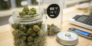 Cannabis buds stored in glass jars with temperature and humidity monitoring for optimal cannabis storage conditions.