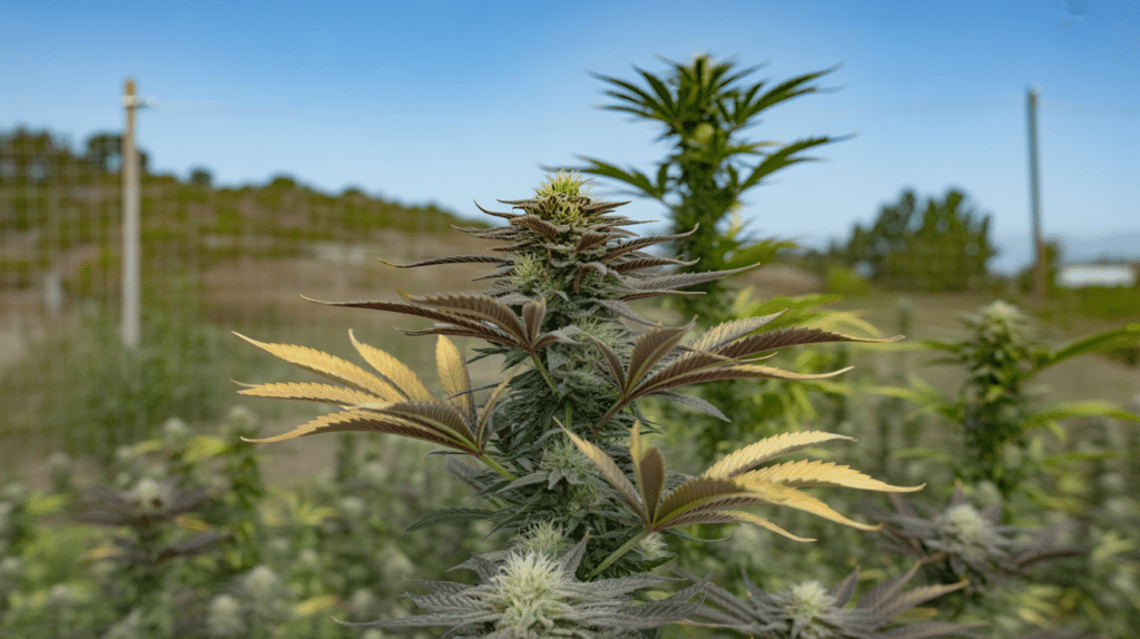Outdoor cannabis cola yellowing leaves during late flowering stage