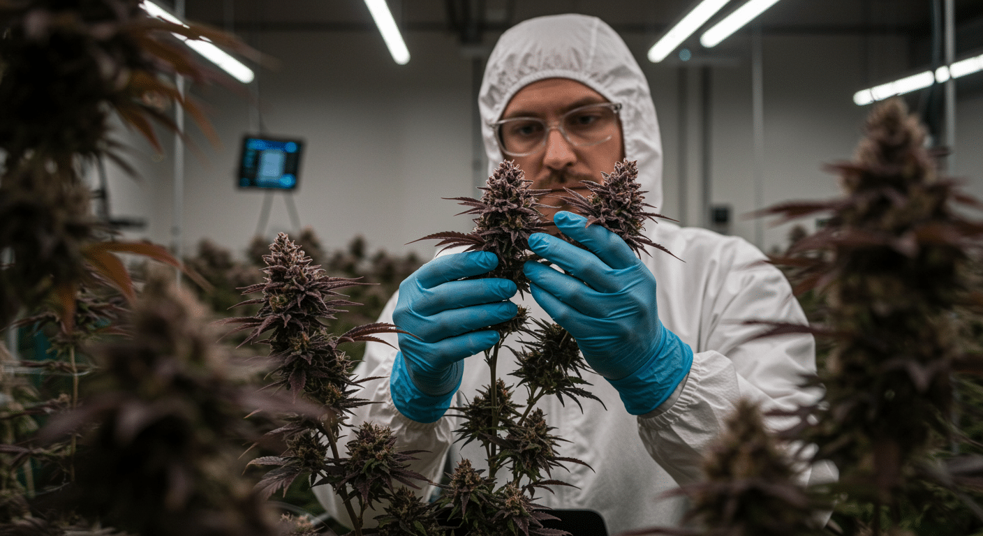 Outdoor cannabis field late flowering with mature buds and natural leaf fade