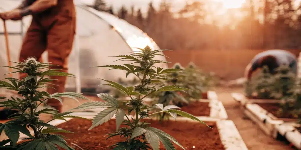 Flowering cannabis plants growing in outdoor raised beds near greenhouses at sunset.