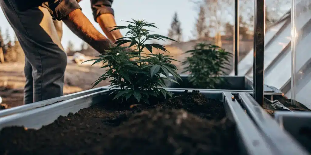Grower tending cannabis plants in a raised garden bed beside a greenhouse outdoors.