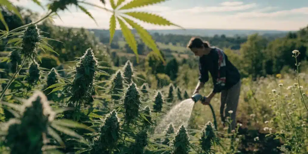 Person watering flowering cannabis plants in a sunny outdoor cultivation field.