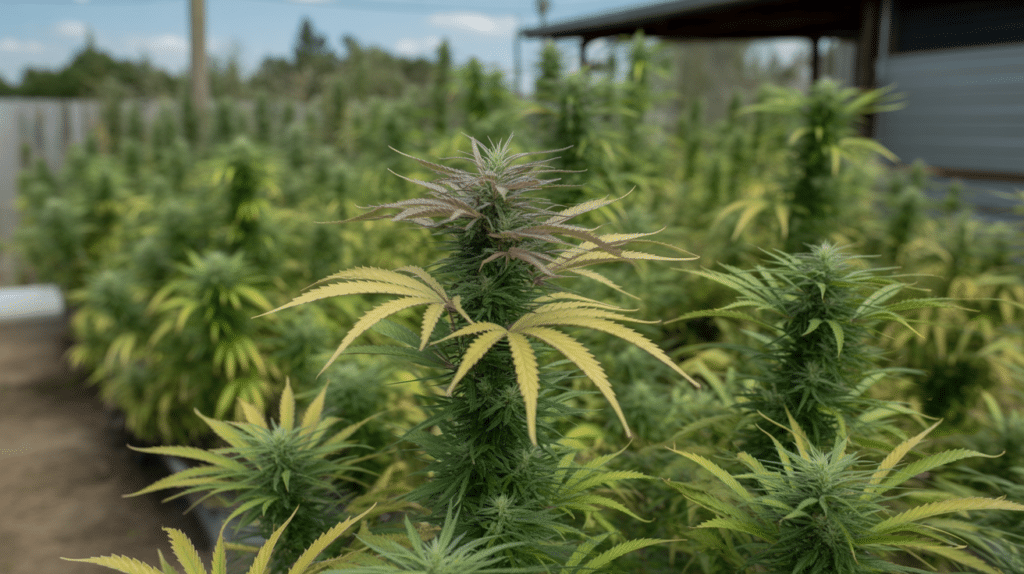 Outdoor cannabis plant central cola with developing buds and elongated green leaves
