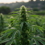 Outdoor cannabis plant flowering field with central cola and healthy green foliage