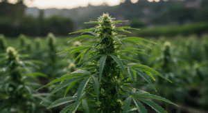 Outdoor cannabis plant flowering field with central cola and healthy green foliage