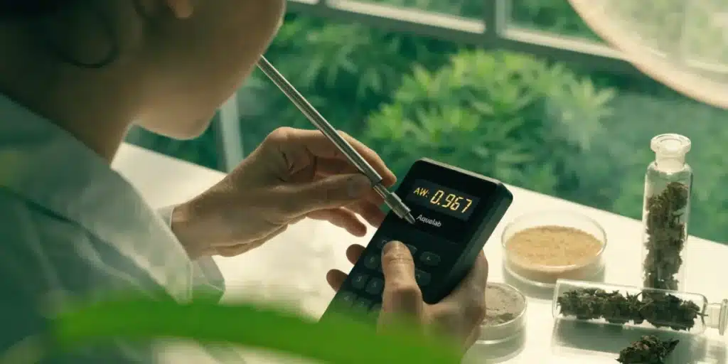 Portable cannabis AW meter testing with a technician measuring water activity in cannabis samples.