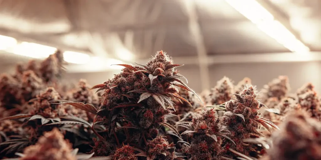 Premium aromatic cannabis buds maturing in an indoor grow room under bright cultivation lights.