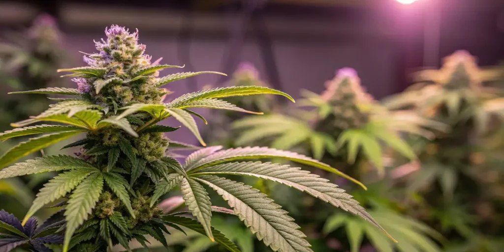Close-up of a premium cannabis bud growing under purple LED lighting in an indoor cultivation room.