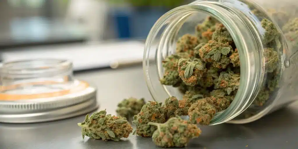 Premium cannabis buds spilling from a glass storage jar during post-curing storage and preservation.