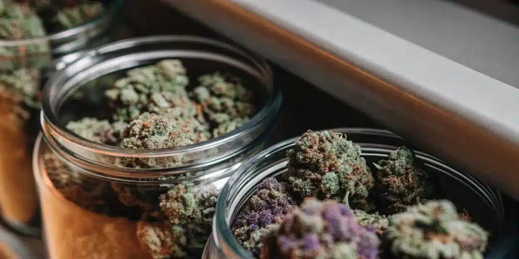 Premium cannabis buds in glass jars showcasing multiple strains during storage and curing.