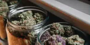 Premium cannabis buds in glass jars showcasing multiple strains during storage and curing.