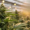 Close-up of a premium feminized cannabis plant with dense resinous buds growing in a greenhouse.