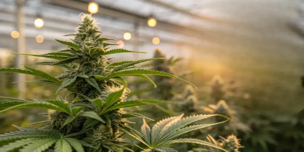 Close-up of a premium feminized cannabis plant with dense resinous buds growing in a greenhouse.