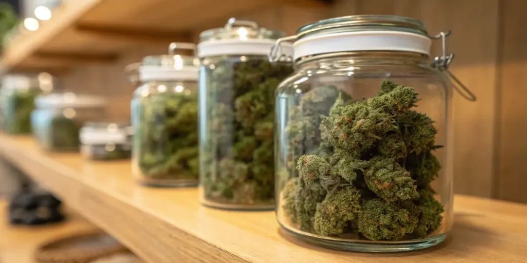 Sealed glass jars containing cured cannabis buds displayed on wooden shelves during the storage process.
