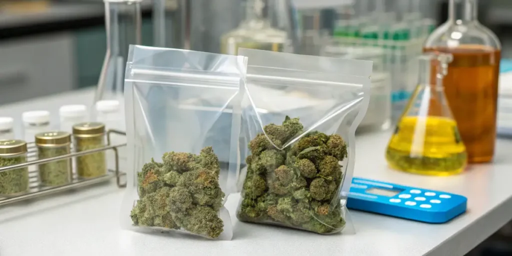 Sealed cannabis flower packages displayed in a laboratory setting during product preparation and quality control.