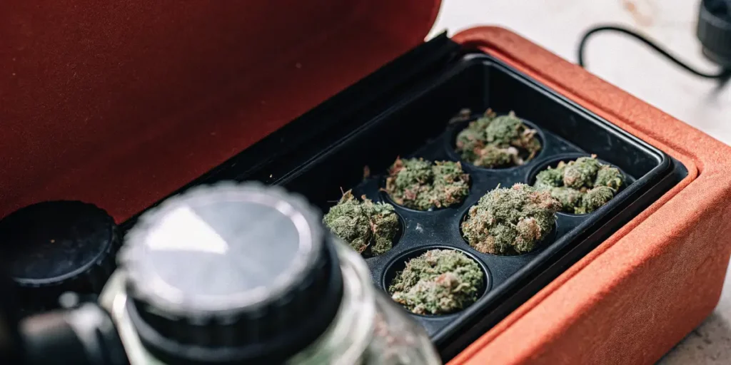 Cannabis buds drying on trays inside a controlled drying rack during the cannabis curing process.