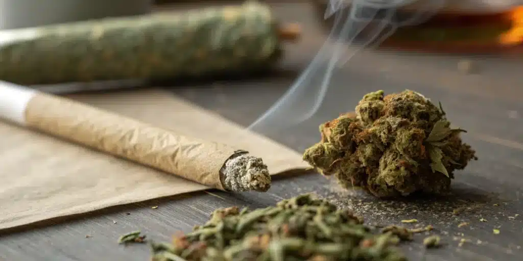Smoldering cannabis pre-roll beside cured flower buds with smoke rising from the lit tip.