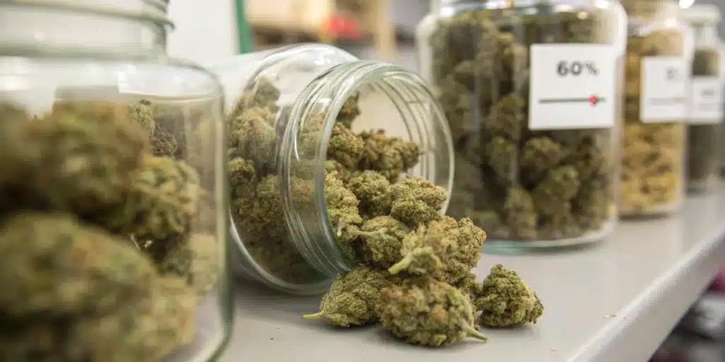Stored cannabis buds in glass jars with humidity labels and controlled curing conditions for optimal preservation.