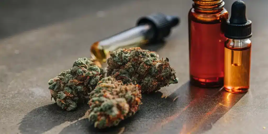 Terpene-rich cannabis buds displayed beside cannabis oil extract bottles and droppers.